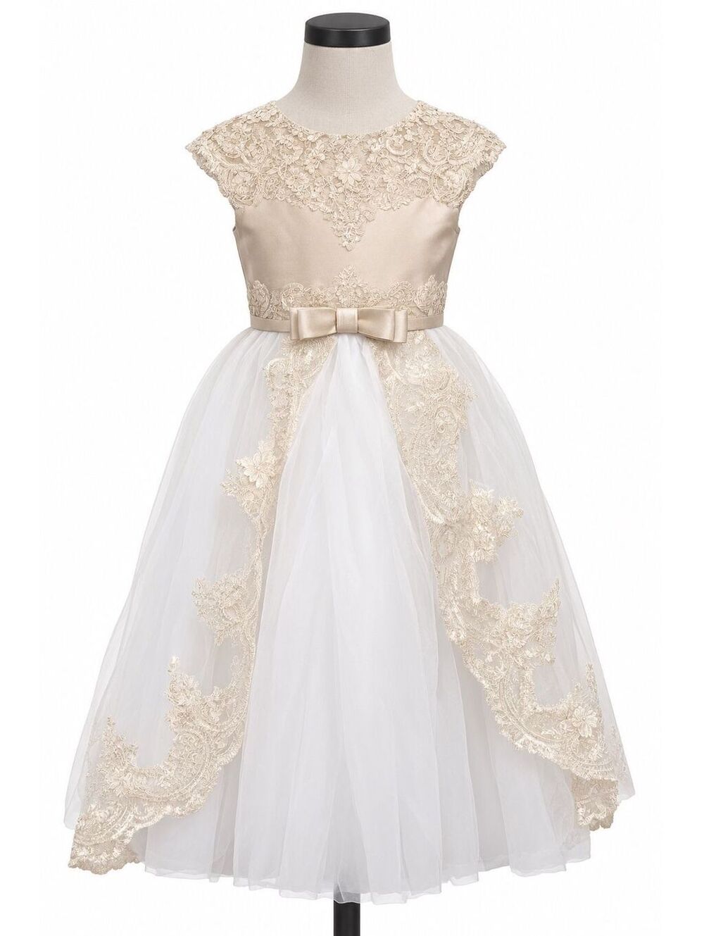 Gold & White Flower Girl Long Lace Puffy Tulle Ball Gown (Size 6-7 Y)